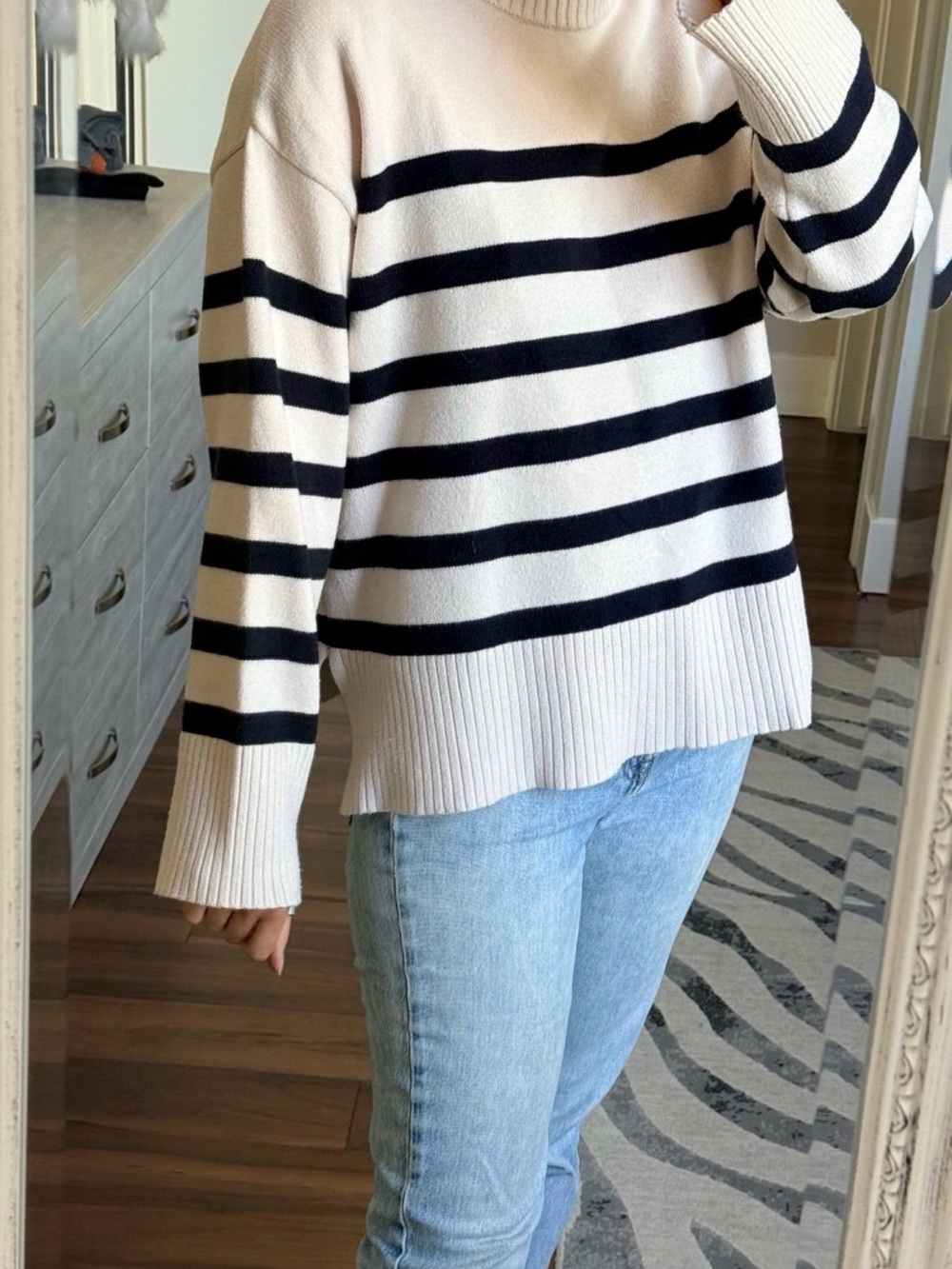 Zara Cream Crewneck Sweater with Black Stripes